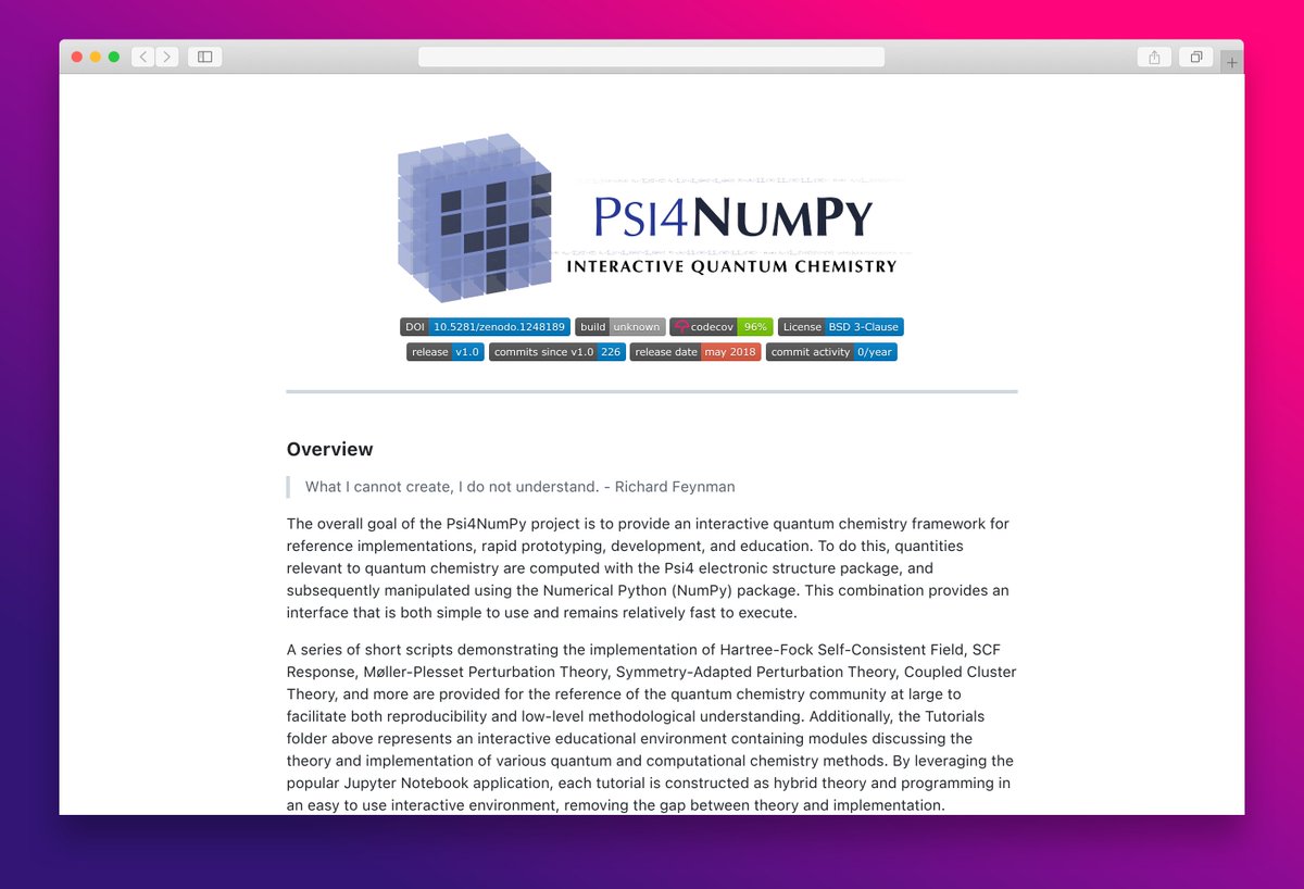 essamamdani's tweet image. psi4numpy  
Interactive quantum chemistry framework for prototyping, education, and reference implementations with Psi4 and NumPy.  
#quantumchemistry #python #NumPy #education
