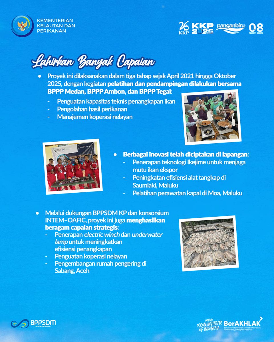 bppsdmpkpbitung's tweet image. Tak hanya memberikan pelatihan, proyek ini jg melahirkan dokumen strategis &amp;amp; teknik baru yg mendorong efisiensi &amp;amp; kualitas produk perikanan. Semua langkah ini bertujuan agar wilayah SKPT menjadi pusat pertumbuhan ekonomi pesisir yg berkelanjutan

#PanganBiru #2025KKPRiseTogether