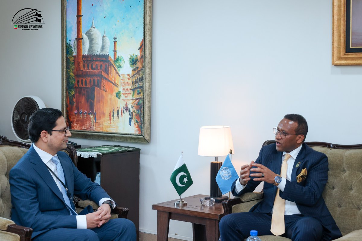 ETEmbassyISB's tweet photo. H.E. Ambassador Dr. Jemal Beker Abdula called on H.E. Umer Siddique, the Director General (UN) at his office in the Ministry of Foreign Affairs, #Islamabad, #Pakistan.
The two sides explored various avenues of cooperation to promote multilateralism for addressing the global issues like climate change and others.
The Ambassador briefed the Director General about the leading role being played by #Ethiopia in addressing the issues associated with climate change, citing the Green Legacy Initiative of Prime Minister H.E. Dr. @AbiyAhmedAli, which has become a role model in addressing land degradation, soil erosion, food insecurity and water crises.
@MFAEthiopia @JemalBeker1 @umersiddique003