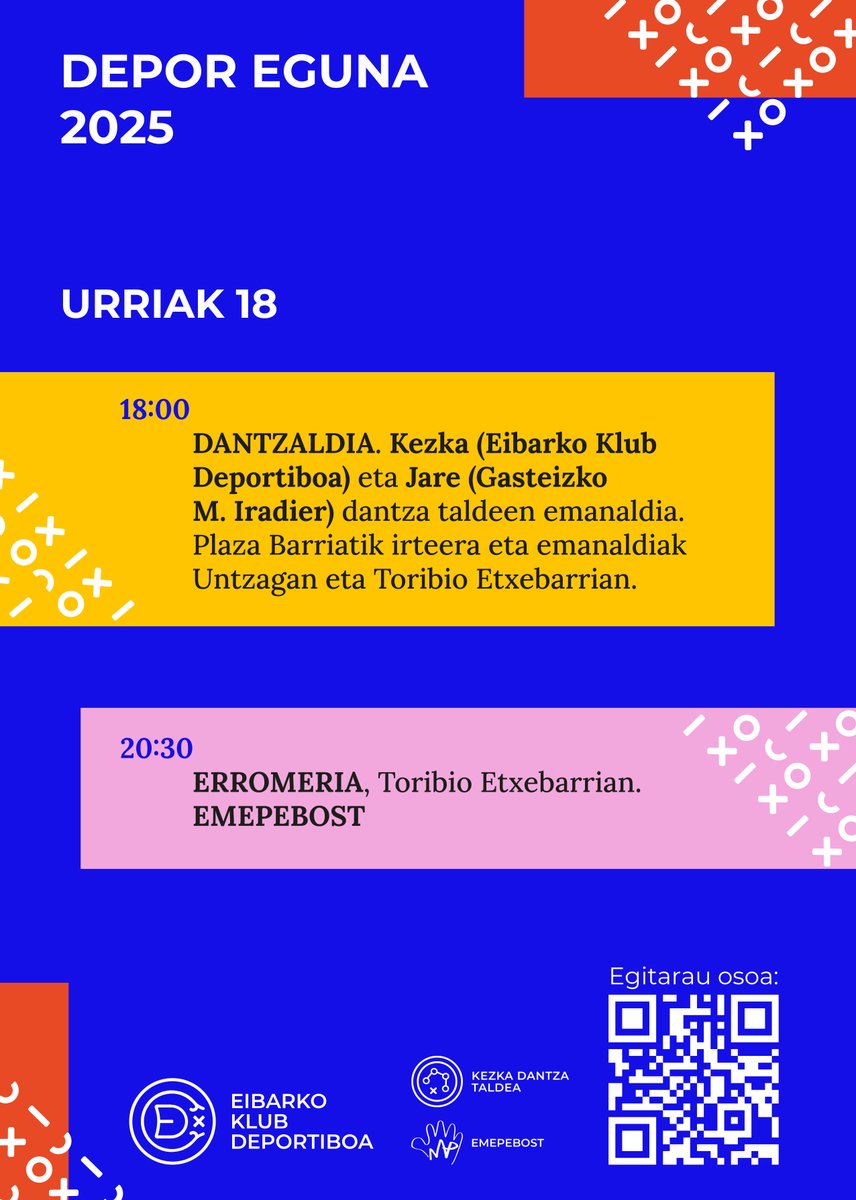 Zapatu honetan, urriak 18, dantza-festa ederraz gozatzeko aukera Eibarren, Club Deportivo Eibar - Eibarko Klub Deportiboa Egunaren baitan Kezka eta Jare Dantza Taldea dantza taldeen emanaldia eta Emepebostekin erromeria. Ez galdu!
dantzan.eus/kidea/kezka/de…