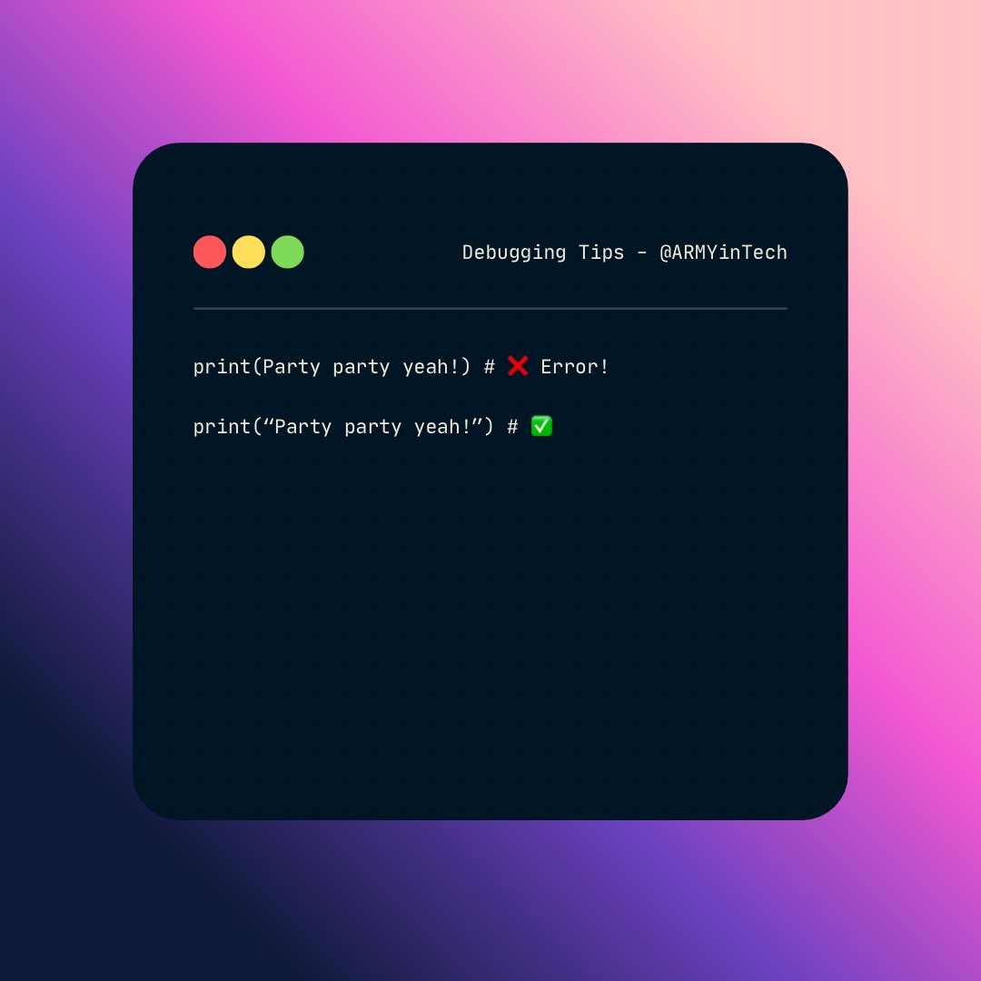 ARMYinTech's tweet image. Debugging Tip
🐛 Avoid forgetting quotes!
💡 Text must always be inside quotes.
Without quotes, Python thinks it’s code - and throws an error.
#ARMYinTech
