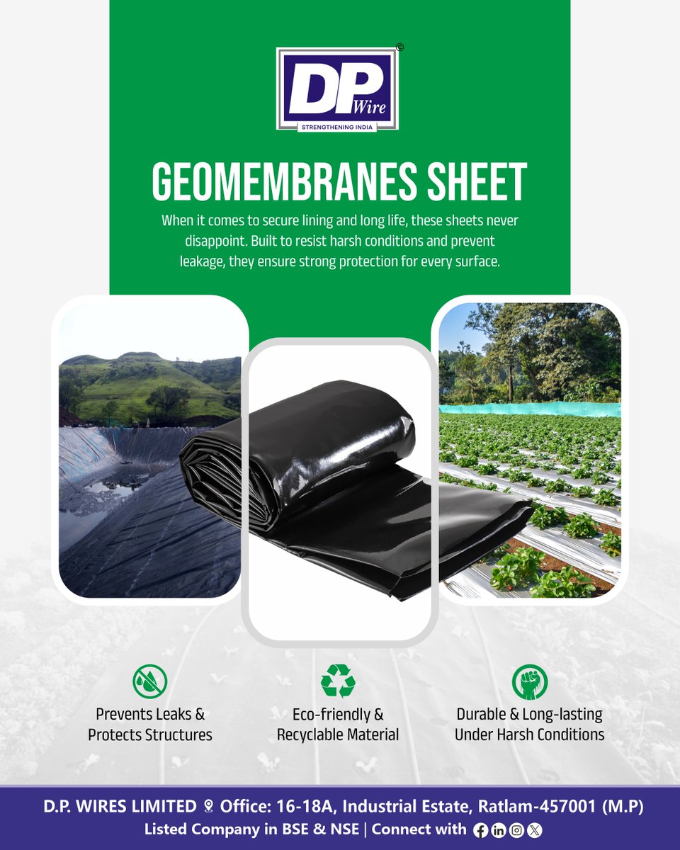 DPwiresltd's tweet image. DP Wire Geomembrane Sheets  
Engineered for strength, durability and leak-proof protection, your reliable solution for safe water storage and secure containment.
.
Website: dpwires.co.in
.
#dpwires #lrpcstrands #strenght #Engineering #indianconstruction