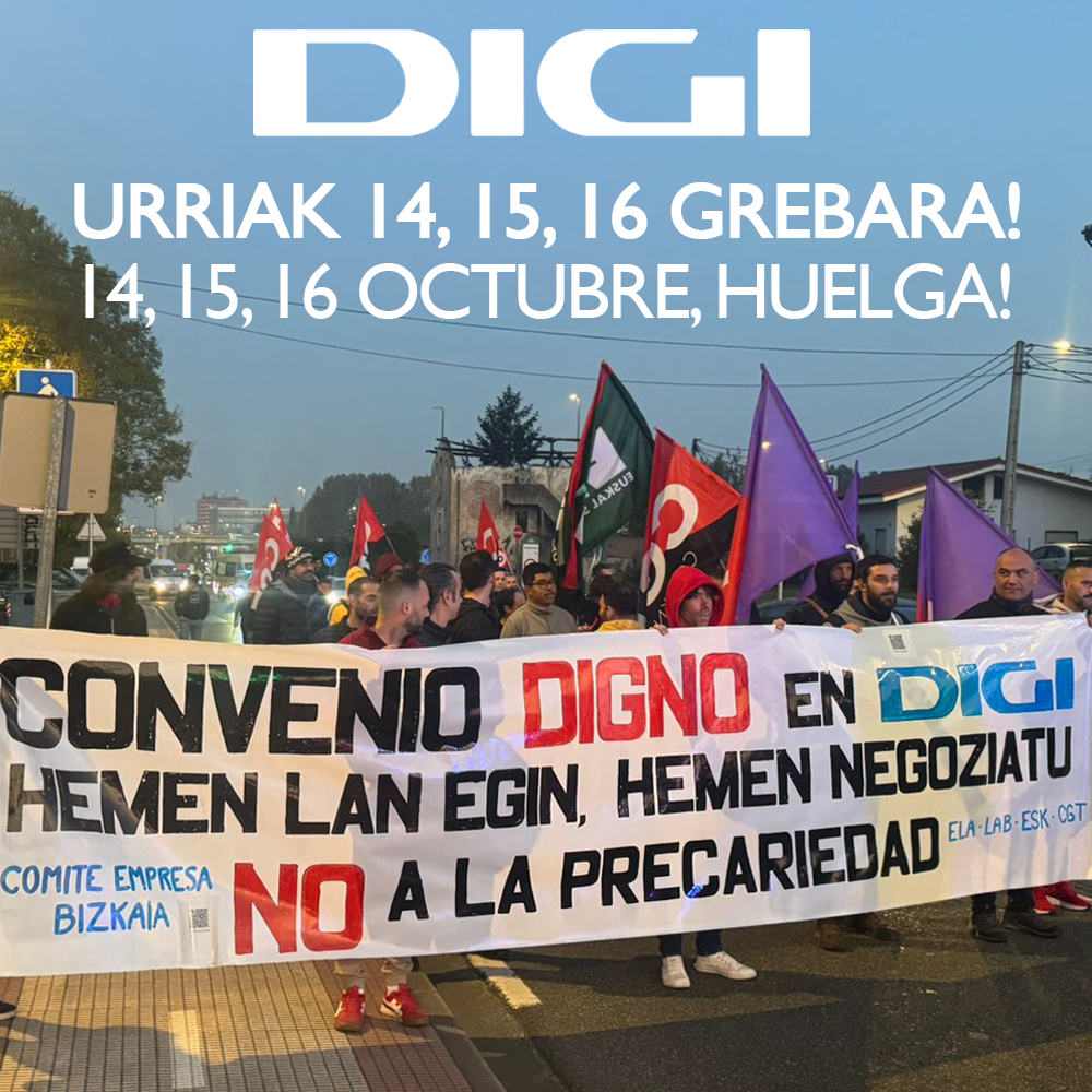 Gipuzkoako, Bizkaiko eta Arabako DIGI-ko langileek CCOOk eta UGTk sinatutako estatuko hitzarmena salatzen dute eta negoziazioa hemen egitea eskatzen dute. Urriaren 14, 15 eta 16an grebara! 
▶️ esk.eus/movistar/index…

#DIGIborrokan