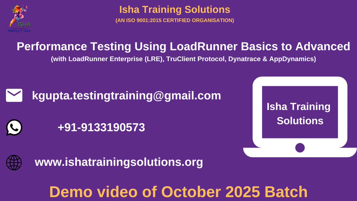 IshaKumargupta's tweet image. Performance Testing Using LoadRunner Basics to Advanced with LRE
youtu.be/_2H0veCbKXE
Enrollments are still in progress
Regular sessions will start from:15th Oct @ 8 AM(IST)/14th Oct @ 10:30 PM(EST)
Price: 8,900 INR / 109 USD
call/WhatsApp @ +91- 9133190573
#LoadRunner #LRE