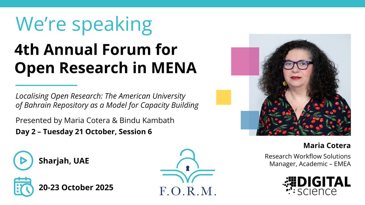 digitalsci's tweet image. 📣 Coming soon: Digital Science's @MariaCotera will present at the Forum for Open Research in MENA (FORM) in Sharjah, UAE.

🗓️ Tuesday 21 October 2025

#FORM4Open champions #OpenResearch infrastructure to strengthen visibility &amp;amp; research collaboration across the Arab world.