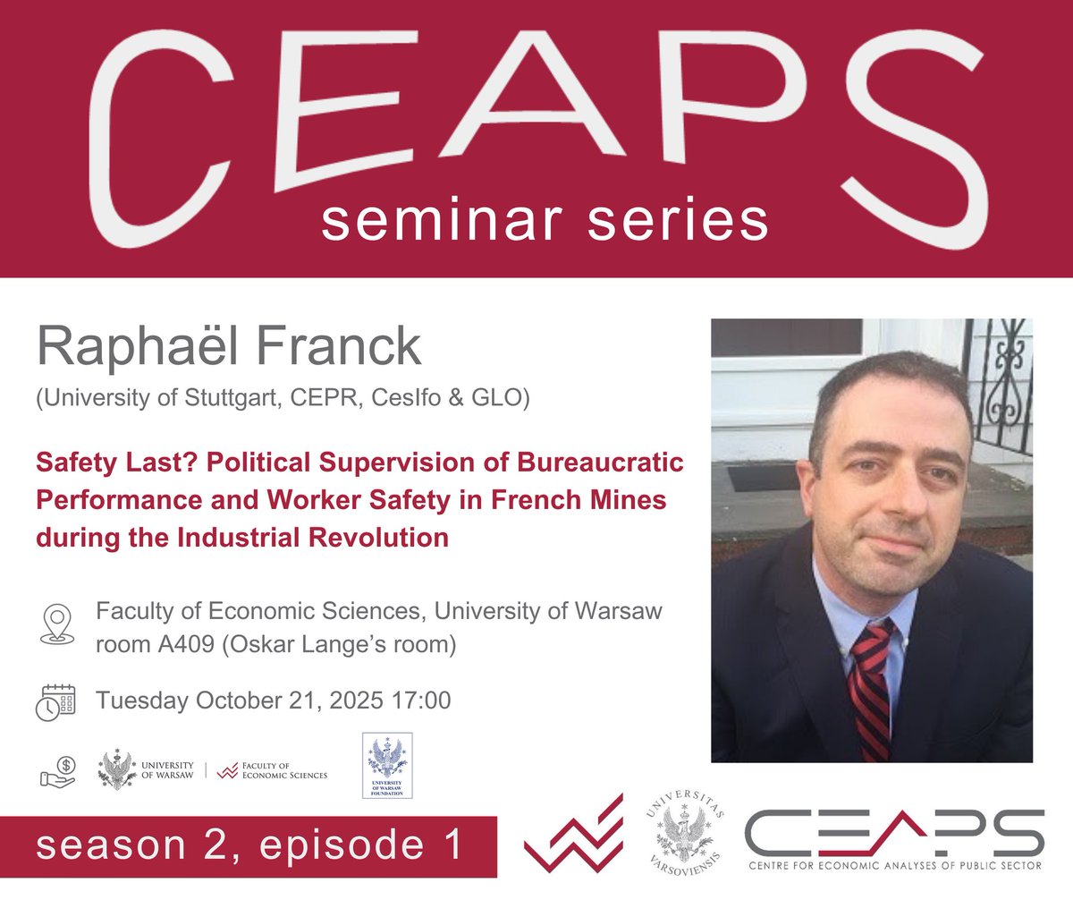 With pleasure we invite you to the next meeting of CEAPS Seminar Series - Season 2 at <a href="/EconUW/">WNE_UW</a>💥 We host distinguished speakers specilizing in topics at the intersection of economics, law, and political science. Check out Episode 1️⃣ feat. Raphaël Franck (Univ. of Stuttgart)👇