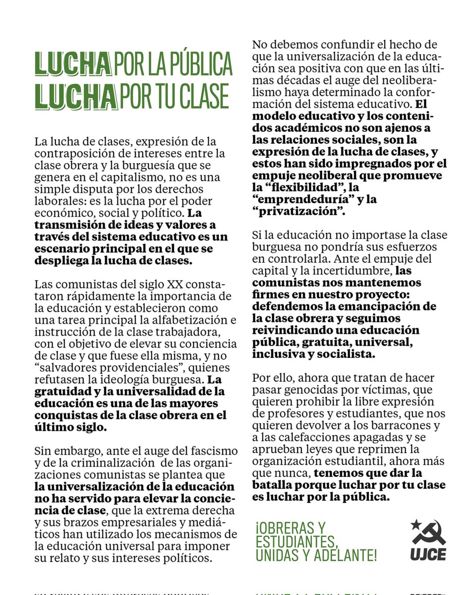 Desde hace décadas el neoliberalismo, punta de lanza del Capital, agudiza su ofensiva contra la juventud obrera.

La organización de las jóvenes trabajadoras es la única forma de hacer frente al plan neoliberal para la educacion pública.

Lucha por la pública!
Lucha por tu clase!