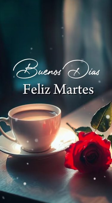 A white cup filled with light brown liquid sits on a white saucer placed on a dark wooden table. Next to it lies a single red rose with green leaves and stem. Soft sunlight illuminates the scene from the side. White elegant text overlays read Buenos Dias at the top, Felices Martes below it, and Bonito Dia at the bottom. Subtle sparkling effects appear around the text and objects. The background is a blurred dark blue indoor setting.