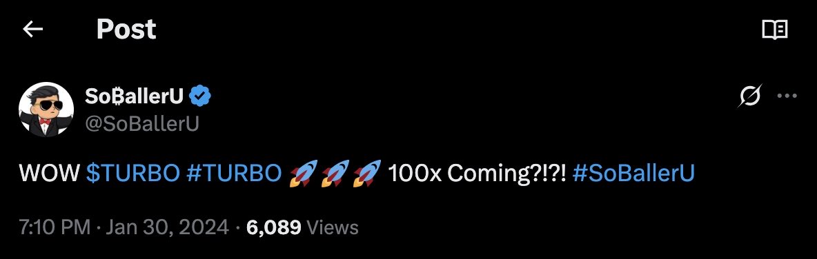 soballerrr's tweet image. My 100x $TURBO Call in 2024 🚀 If you loved my X acct, I’m back 🙏🏽 Give me a “Follow” and let’s complete this #TURBO mission to the MOON 🌕 #SoBallerU 🤓