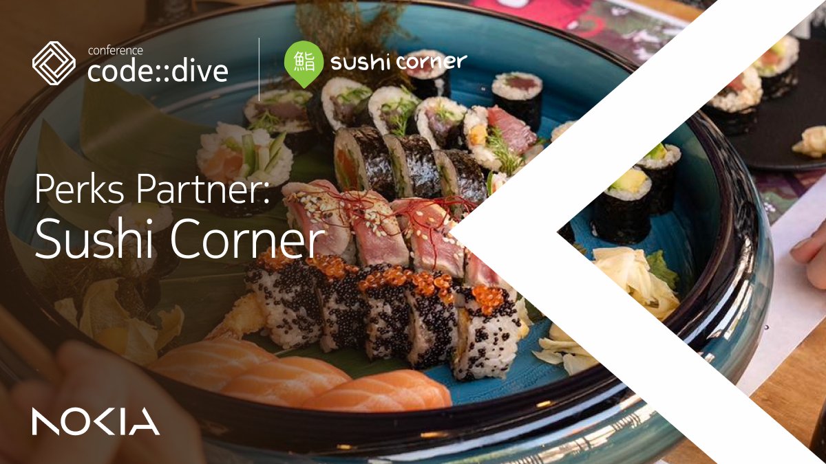 code_dive_pl's tweet image. We are happy to announce that Sushi Corner is our next #PerksPartner for #codedive! 🍣 Near Kino Nowe Horyzonty, enjoy Asian cuisine &amp;amp; get a discount with your conference badge on October 23. Plus, special #codedive set available! See you at #codedive!