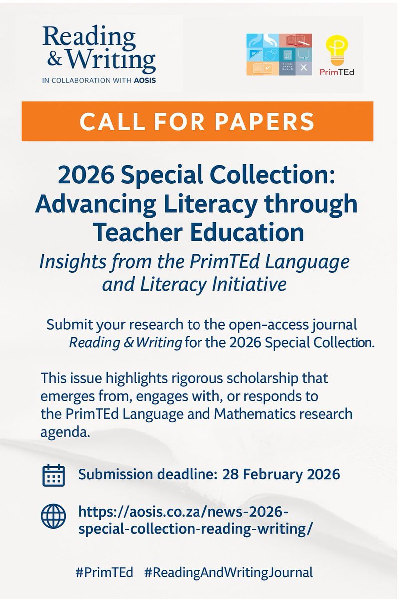 PrimTEd_'s tweet photo. Weβre calling on all scholars and teacher education researchers!
Submit your latest work to the 2026 Special Collection: Advancing Literacy through Teacher Education- showcasing insights from the PrimTEd Language and Literacy Initiative.
π https://t.co/WjziHqr7ak
#PrimTEd https://t.co/rz1xcuxGq4