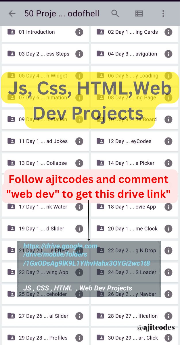 ajitcodes's tweet image. JS, CSS, HTML, Web Dev Projects 🔥😱

Contains:- 50+ Projects and all are free.

Just FREE of cost !!

Simply:

1) Follow(so that I can Dm)
2) Like and Repost
3) Comment &quot;Web dev&quot; to receive your copies.