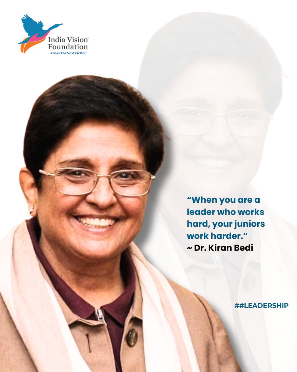 “When you are a leader who works hard, your juniors work harder.”
~ Dr. Kiran Bedi

#Inspiration #Motivation #HardWork #Teamwork
#WomenInLeadership #PositiveChange
#LeadByExample #SuccessMindset
#Empowerment
#VisionForChange
#RoleModel