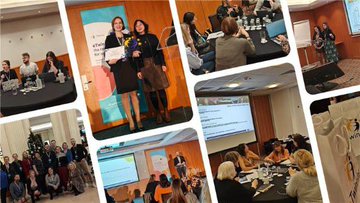 First image displays a blue archway banner reading 15. ULUSAL eTWINNING KONFERANSI 10-12 EKİM ANTALYA with eTwinning logo above, two individuals a woman in a suit holding a trophy and a man in a suit standing beside her, palm trees and greenery in the background, Turkish flag visible. Second image is a collage showing multiple scenes of a conference including groups of people in professional attire at tables with laptops and microphones, women presenting or receiving awards with sashes, projection screens with text, banners with eTwinning logos, and attendees in discussion. Third image features a conference room with a large screen displaying Impact on Service Teachers pie chart in yellow green and blue sections, a woman speaker in a light outfit at a podium gesturing, a man seated nearby, European Union flag banner on the wall, chairs and tables arranged.