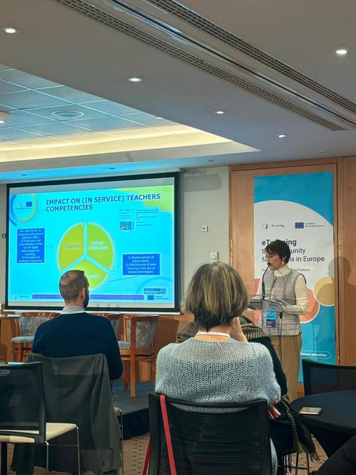 First image displays a blue archway banner reading 15. ULUSAL eTWINNING KONFERANSI 10-12 EKİM ANTALYA with eTwinning logo above, two individuals a woman in a suit holding a trophy and a man in a suit standing beside her, palm trees and greenery in the background, Turkish flag visible. Second image is a collage showing multiple scenes of a conference including groups of people in professional attire at tables with laptops and microphones, women presenting or receiving awards with sashes, projection screens with text, banners with eTwinning logos, and attendees in discussion. Third image features a conference room with a large screen displaying Impact on Service Teachers pie chart in yellow green and blue sections, a woman speaker in a light outfit at a podium gesturing, a man seated nearby, European Union flag banner on the wall, chairs and tables arranged.