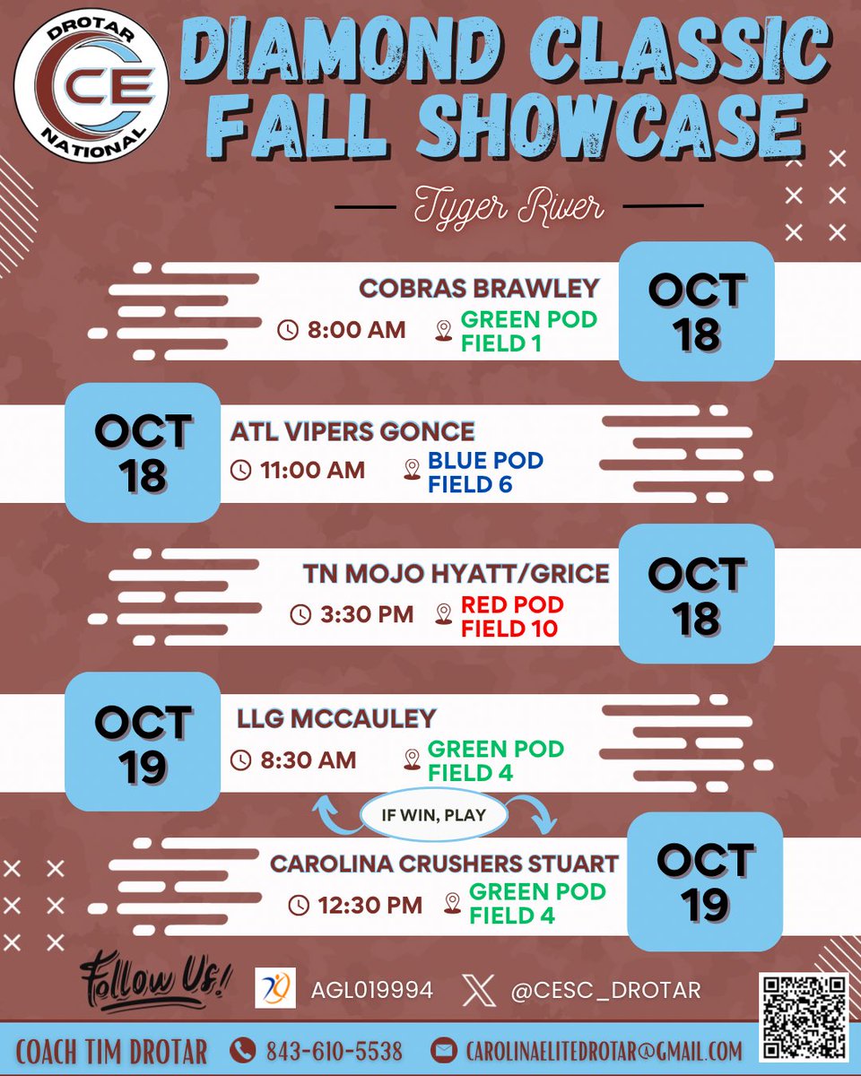 🚨💥SCHEDULE DROP💥🚨Excited to be back on the field this weekend in Tyger River!  Coaches come check us out at the Diamond Classic Fall Showcase! Don’t forget you can watch from home with the AGL app - AGL 019994. #BeElite