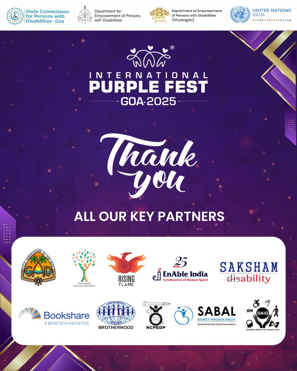 purplefestgoa's tweet image. 💜 A heartfelt thank you to all our key partners for making the International Purple Fest Goa 2025 a grand success! Your support, collaboration, and dedication made this celebration of inclusion, creativity, and joy possible. 🌟🙌

#PurpleFestGoa2025 #KeyPartner #Grateful
