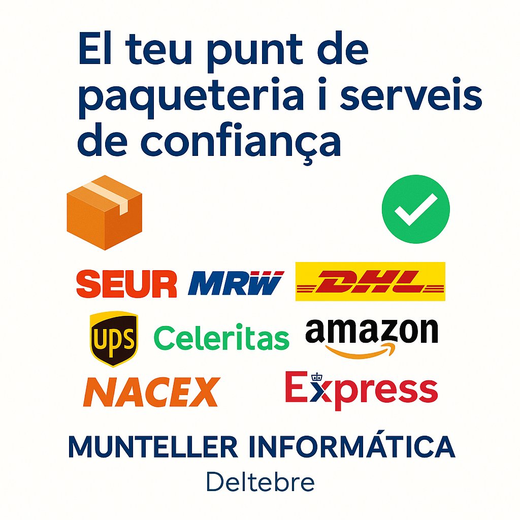 JMunteller's tweet image. 📦 Punt de paqueteria a Deltebre!
SEUR · MRW · DHL · Amazon · UPS · Celeritas · Correos Express · Nacex
🖨️ Fotocòpies i impressions al moment
✅ Servei ràpid i de confiança 👉 MUNTELLER INFORMÀTICA