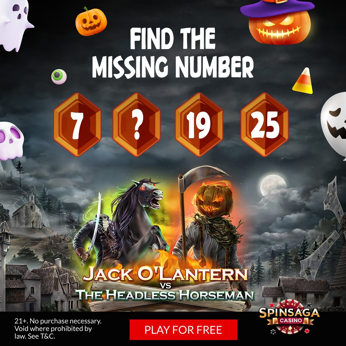SpinSagaCasino's tweet image. 🕸️ Something spooky’s missing... can you crack the code?
💀 Find the missing number and claim your Halloween glory!
👉 Play for FREE: play.spinsagacasino.com
#SpinSaga #HalloweenFun #SpookySpins #PlayWinEnjoy #JackOLantern #SocialCasino #FindTheNumber