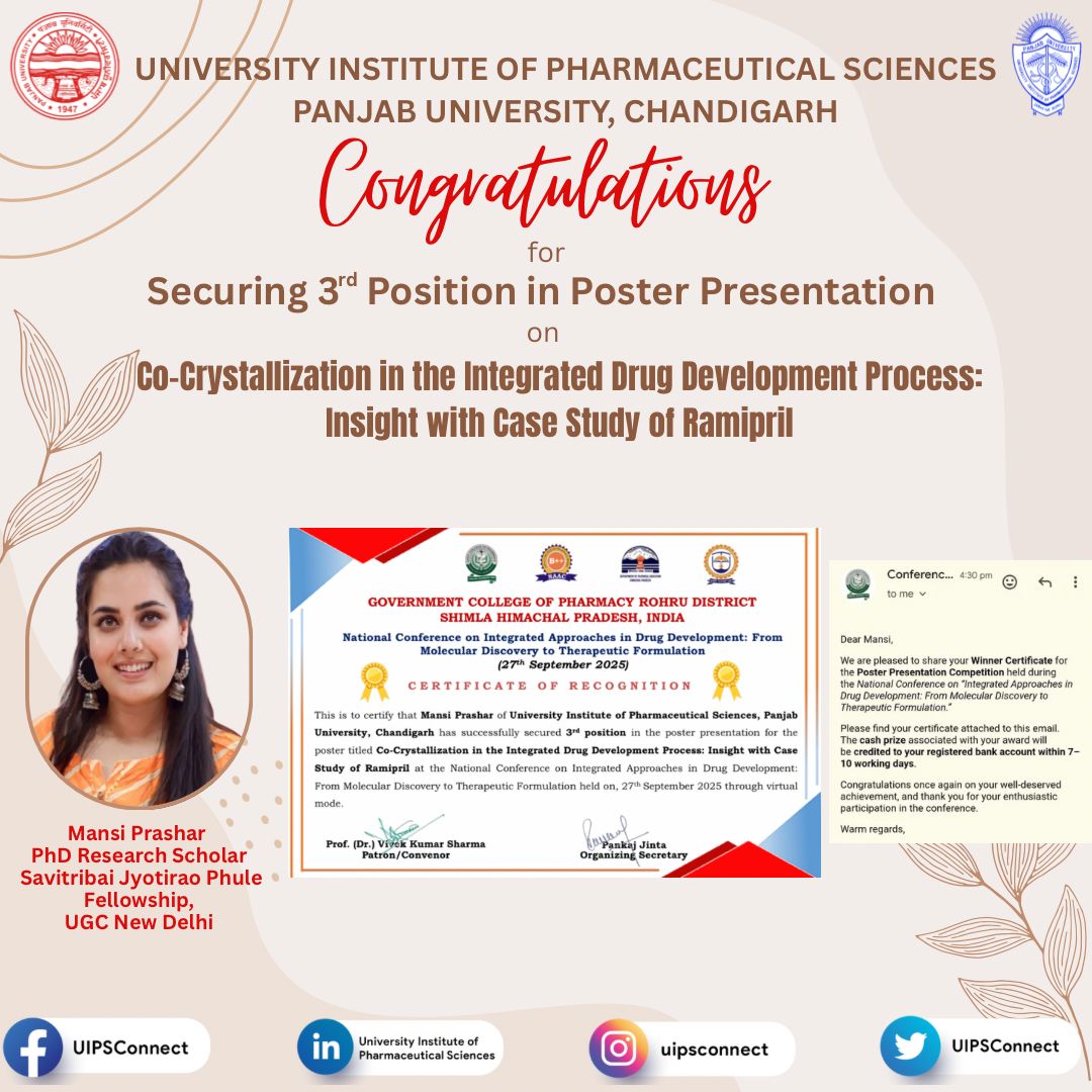 UIPSconnect's tweet image. #uips #panjabuniversity #puchd
#posterpresentation #proudmoment #congratulations
#ramipril #drugdevelopment #therapeutics