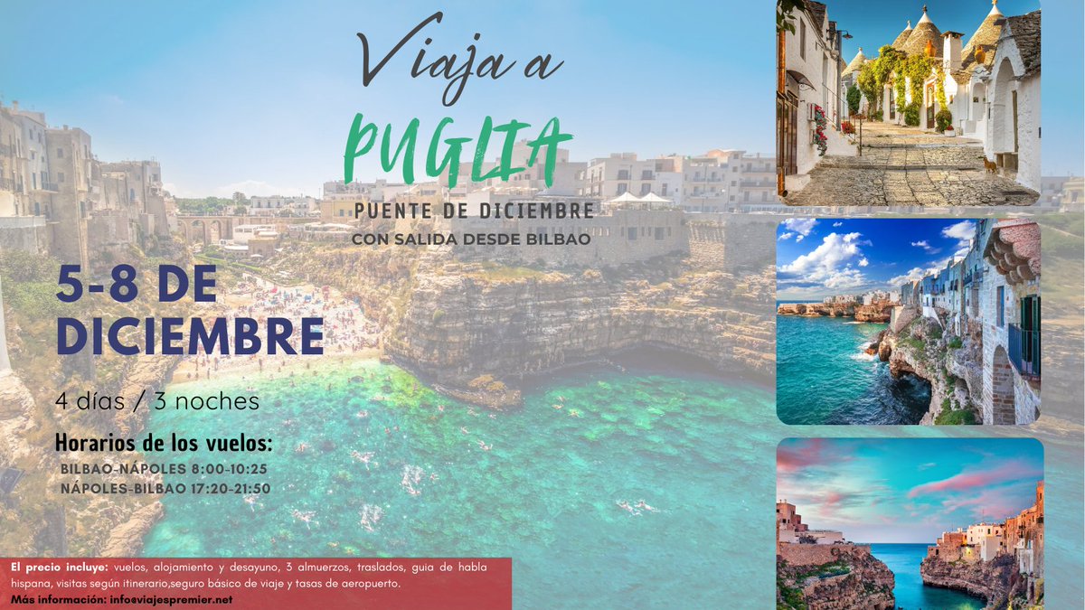 Este puente de diciembre viaja a Puglia desde Bilbao.
Playas, pueblos con encanto y la mejor gastronomía del sur de Italia 🍝
✈️ ¡Escápate unos días!
👉Más info: info@viajespremier.net
viajespremier.net/tours/mercadil…