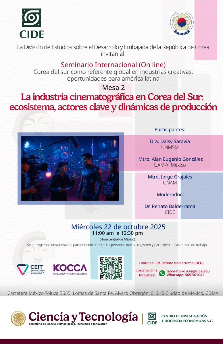 División de Estudios sobre el Desarrollo (@ded_cide) on Twitter photo La @dedcide y la embajada de de la República de Corea en México, initan a la segunda Mesa del Seminario Internacional OIIC: "Estado del Arte de las Políticas y Proyectos de Industrias Creativas en el Este Asiático". 🌸🇲🇽 transmisión: goo.su/jKGlZH La @dedcide y la embajada de de la República de Corea en México, initan a la segunda Mesa del Seminario Internacional OIIC: "Estado del Arte de las Políticas y Proyectos de Industrias Creativas en el Este Asiático". 🌸🇲🇽 transmisión: goo.su/jKGlZH