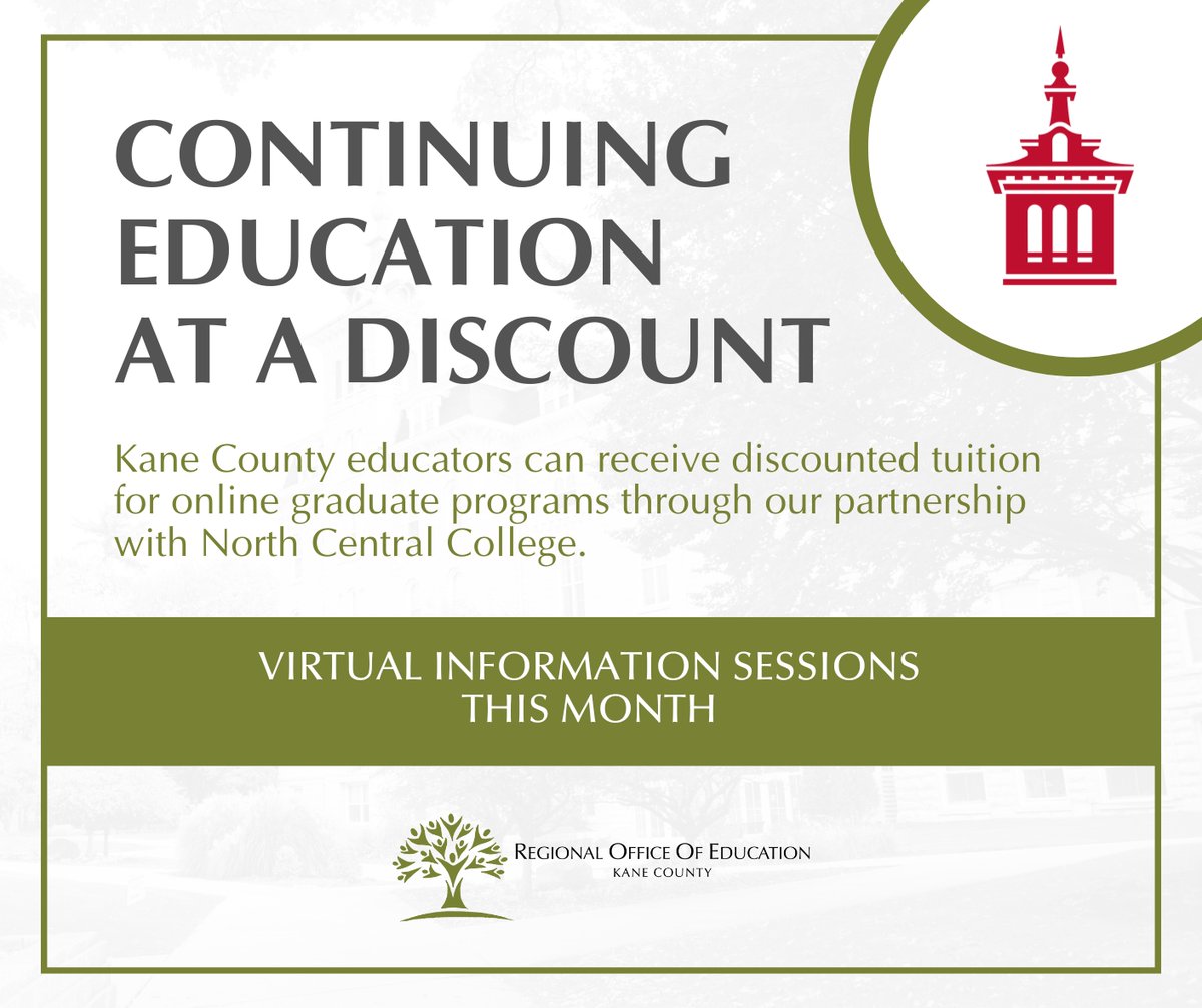 Kane County educators have access to 20% off tuition on continuing education programs through the ROE's partnership with North Central College! 

They are hosting virtual information sessions this month for two programs: go.kaneroe.org/nccprograms