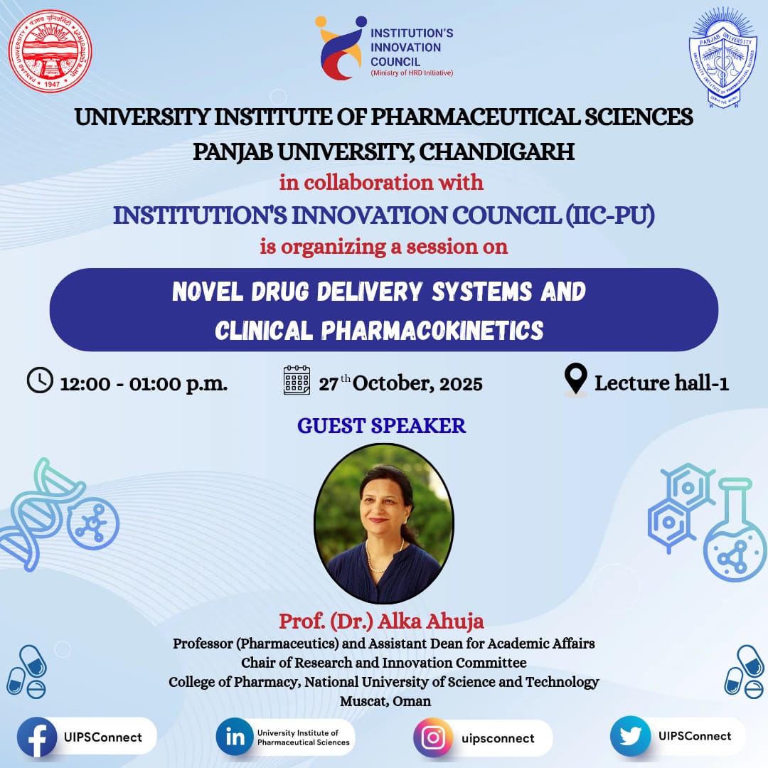 UIPSconnect's tweet image. #talk #uips #panjabuniversity #puchd #IIC
#novel #drugdelivery #system #pharmacy
#pharmacology #pharmacokinetics #clinical