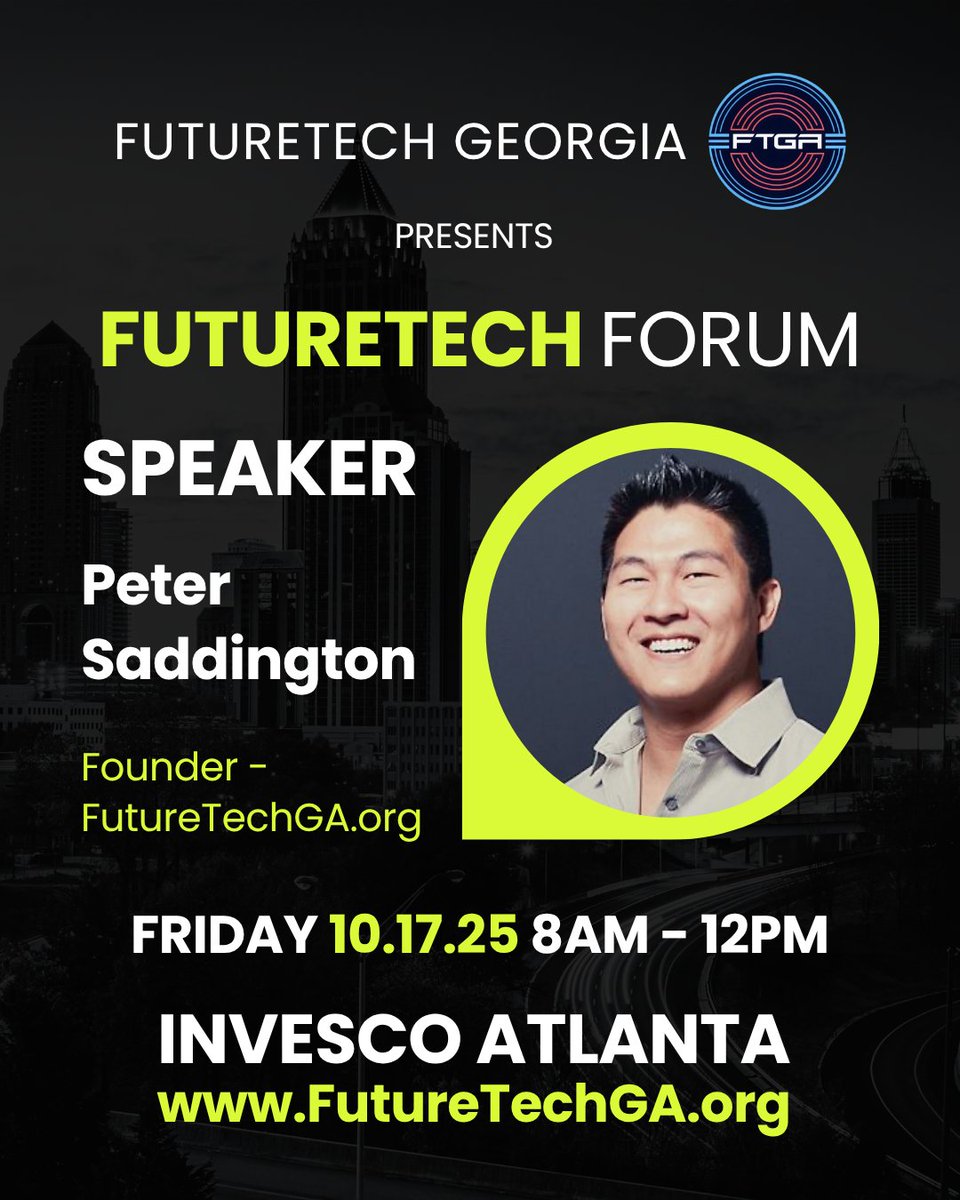 FutureTech Georgia is proud to announce our 2025 networking event:

FUTURETECH FORUM - Connect. Collaborate. Create.

8AM DOORS OPEN! - INVESCO

1331 Spring St NW, Atlanta, GA 30309

Registration closes this morning at 8am!
go.fsbb.io/c/ftga-events/…

linkedin.com/in/petersaddin…