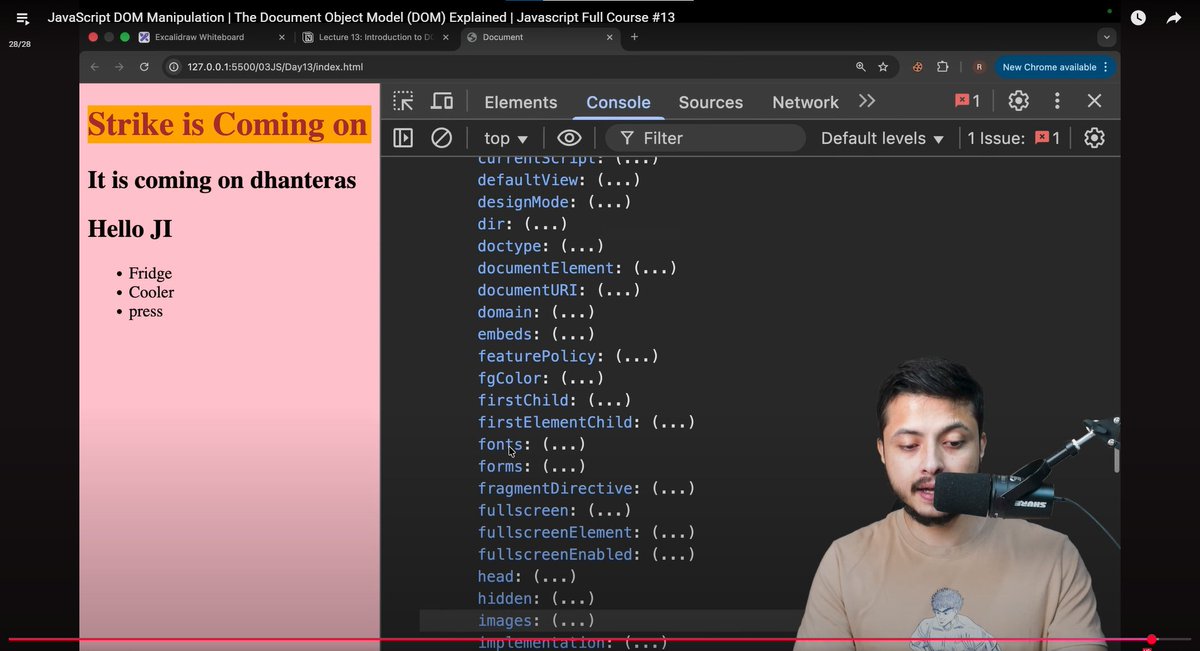codewitharun9's tweet image. #180daysofcode - Day 28 ✅ with @rohit_negi9 bhaiyaa..
Learn about :
DOM Manipulation, selecting & modifying elements, queryselector, and classlist, adding/removing elements dynamically, DOM performance tips...
#MERN
#webdevelopment