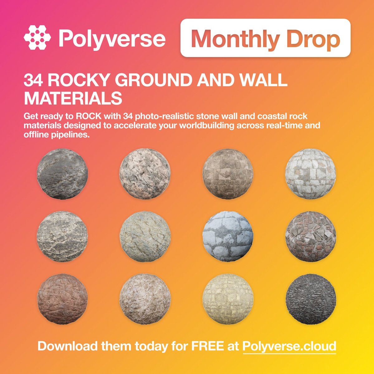 HelloPolyverse's tweet image. 📢 Announcing our October 2025 Material Drop!

🧱 stone walls in modern, and medieval styles
🪨 coastal rock variants from brittle to bright
🏖️ shoreline-ready materials in multiple tones
and more! Perfect for games, VFX, and ArchVis.

✅ Download and more: Link in the comments
