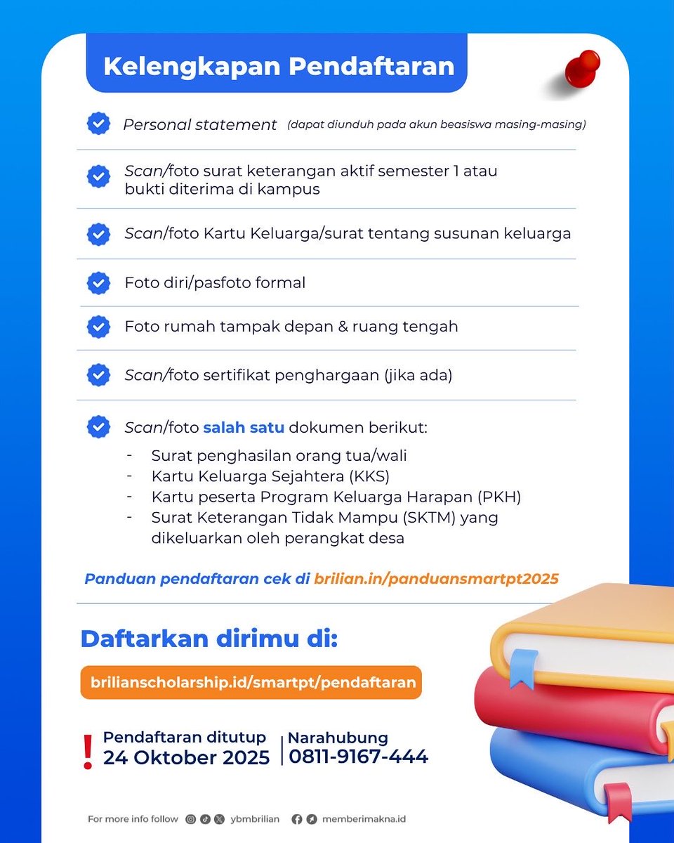 [INFO BEASISWA]

Halo, Mahasiswa FBS! 👋🏻
🇮🇩🇬🇧🇸🇦🇫🇷🇨🇳🇩🇪🇯🇵🎨💃🎼

Pendaftaran Smart Scholarship 2025 kembali dibuka! 

 segera daftarkan dirimu melalui link berikut 🫵🏻🤩 : 

brilianscholarship.id/smartpt/pendaf…

©️ DEPARTEMEN ADKESMA BEM FBS UNJ 2025