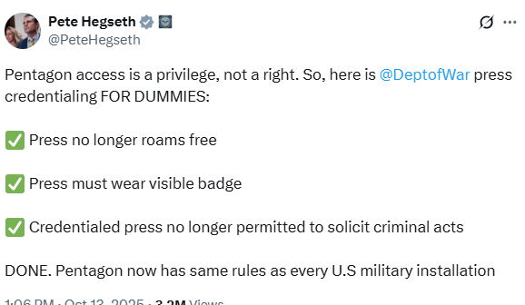 RYboating's tweet image. Hegseth Responds With Emoji to Media Outlets Objecting to Pentagon's Press Policy
Pete says good-bye to MSM that refuses to sign new Pentagon press rules.😂
Good for you @PeteHegseth
The Pentagon will now have the same rules as military instillations, when it comes to the…