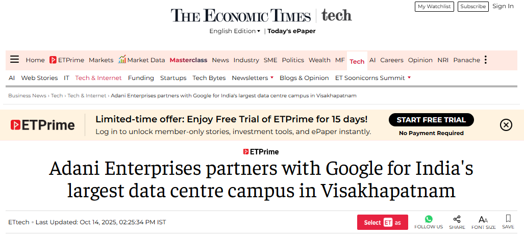 ArreHaan's tweet image. 3
Here’s what’s happening behind the scenes.
➡️Adani Enterprises / AdaniConneX – Google’s partner for India’s largest AI data centre campus in Vizag.
Could see a direct benefit as investments scale up.
#vizagrising #GoogleComesToAP #GoogledataCenter