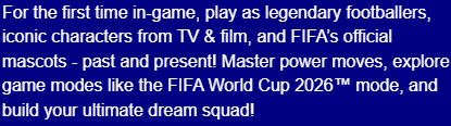 FIFA® HEROES IS COMING IN 2026​

PLAY AS MASCOTS, LEGENDS &amp; MORE IN ONE GAME!​

Get ready for FIFA Heroes, an all-new arcade 5-a-side football game launching in 2026 on Android, iOS, Nintendo Switch, PlayStation and Xbox!

more info here: playfifaheroes.com 

W or L? 🤔
