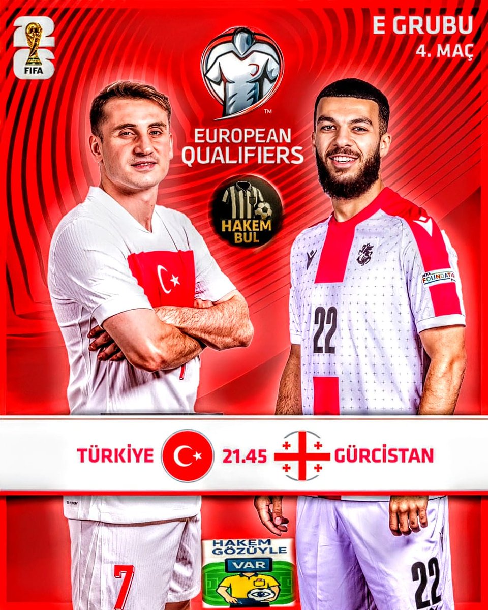 ⚽ A Milli Erkek Futbol Takımımız, Dünya Kupası yolunda kritik maçta Gürcistan ile karşı karşıya geliyor!

🇹🇷 Türkiye x Gürcistan 🇬🇪 

🏟️ Turka Kocaeli Stadyumu 
📺 TV8️⃣
⏰ 21.45