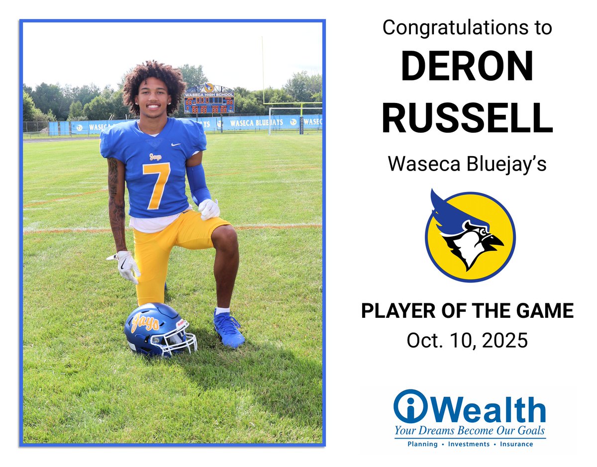 iWealth4me's tweet photo. Congratulations to @deronrussell21 the @WasecaFootball #iWealth #PlayerOfTheGame on Oct. 10! Deron led the @WasecaBluejays with 5 catches for 126 yards and a TD, 140 return yards including a 60 yard punt return for a TD, and a fumble recovery in a win over Albert Lea! #GoBluejays https://t.co/fPuy9k2ePX