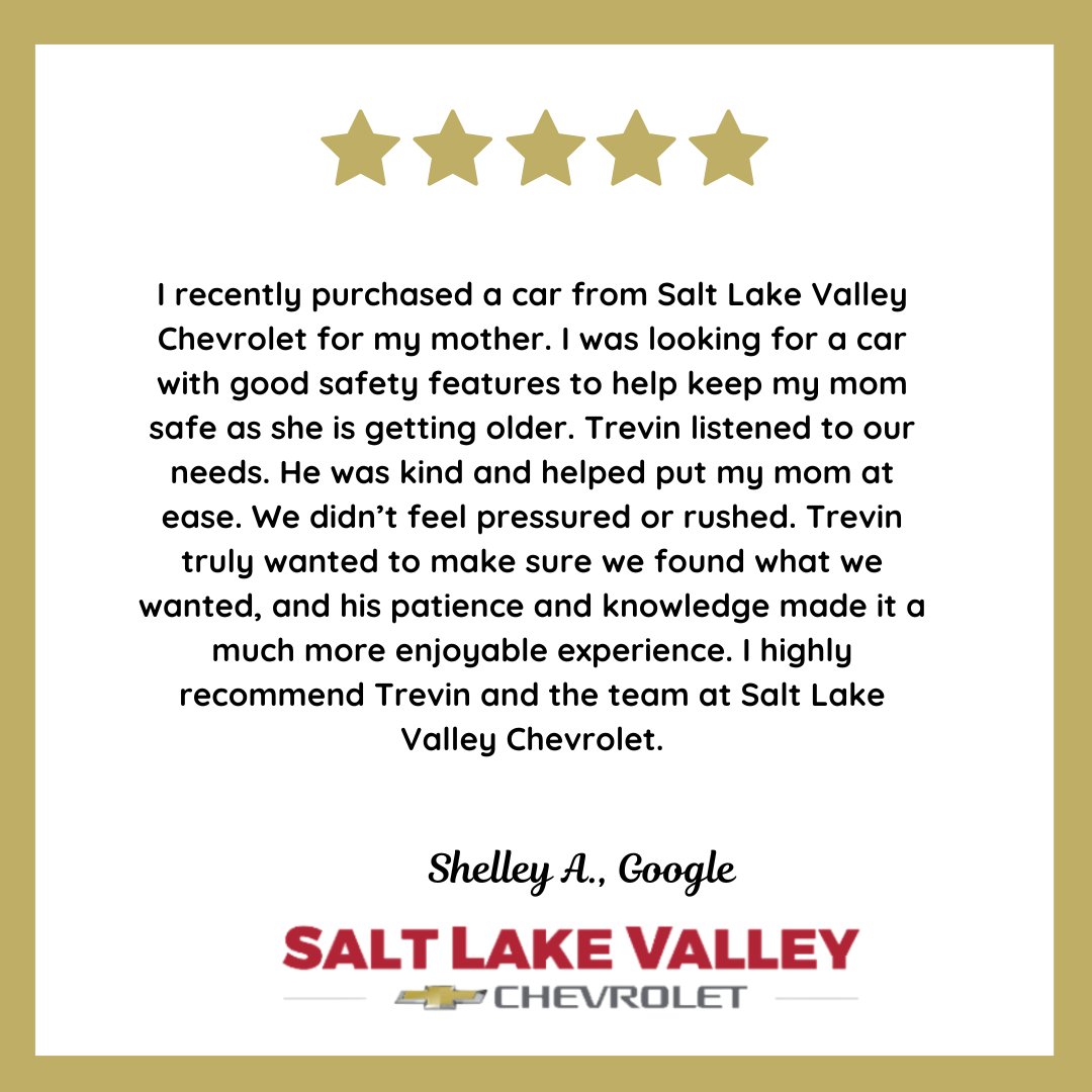 SLVChevy's tweet image. Shelley, thank you for sharing such a thoughtful review! We’re so glad Trevin was able to provide a kind, patient, and pressure-free experience while helping you find the right vehicle for your mom. Congratulations to you and your mom on the new car! 🚙💙
