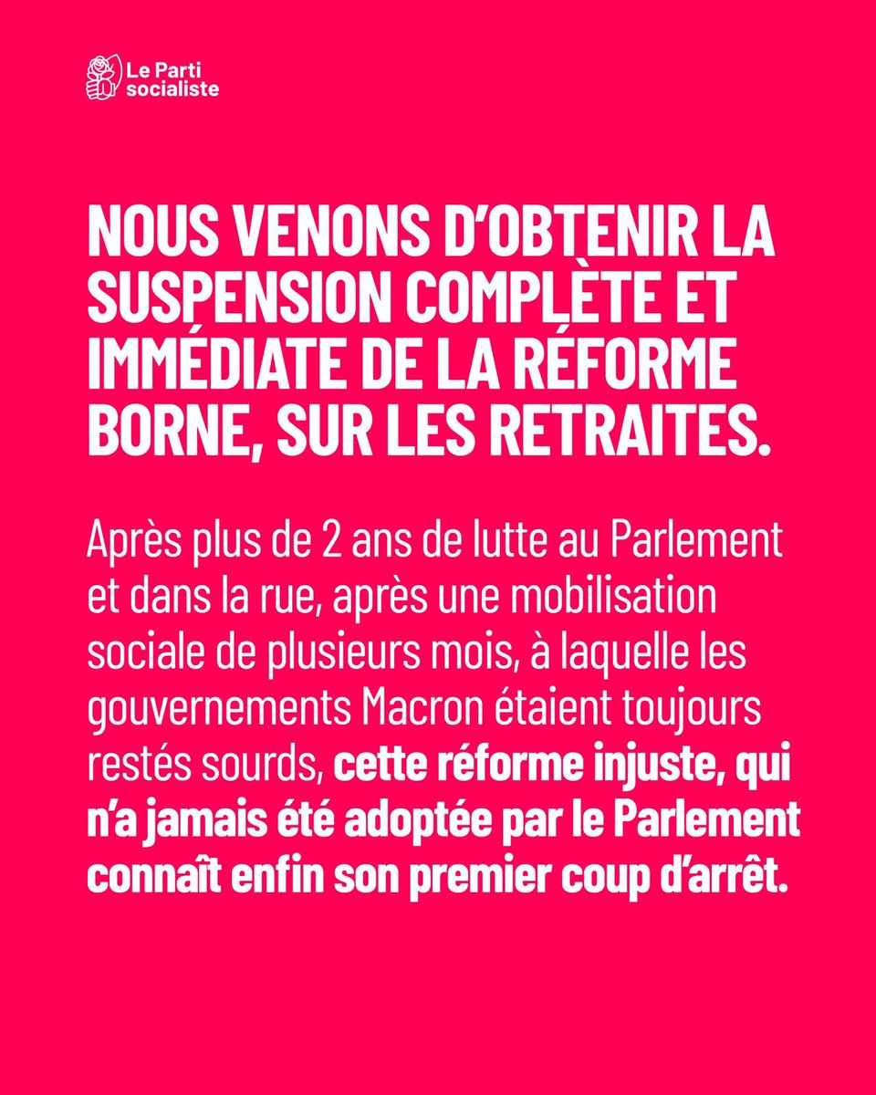Parti socialiste (@partisocialiste) on Twitter photo 📣 Le Premier ministre vient d'annoncer la suspension complète de la réforme des retraites. 
Après plus de 2 ans de mobilisation acharnée contre cette réforme injuste au Parlement comme dans la rue, c'est donc un premier coup d'arrêt majeur obtenu par les socialistes. 
1/3 📣 Le Premier ministre vient d'annoncer la suspension complète de la réforme des retraites. 
Après plus de 2 ans de mobilisation acharnée contre cette réforme injuste au Parlement comme dans la rue, c'est donc un premier coup d'arrêt majeur obtenu par les socialistes. 
1/3