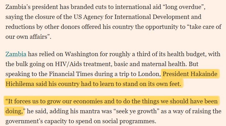 The President of Zambia says the cuts to USAID are a good thing, forcing them to grow their economy and stand on their own feet.

Essentially making the argument against welfare.