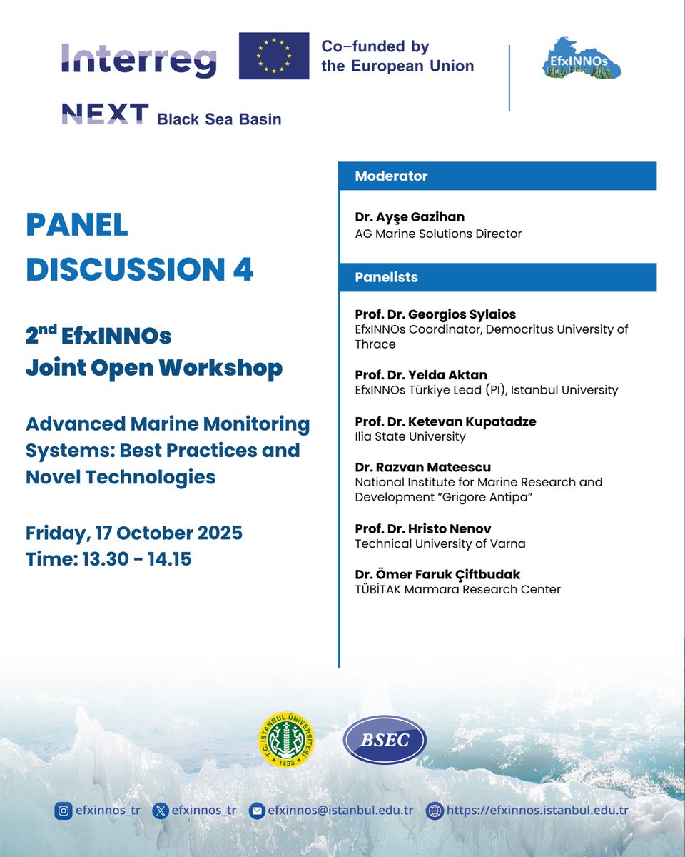 EfxINNOs 2. Ortak Çalıştayı Panel 4’te, önceki oturumlarda belirlenen ihtiyaçlara yanıt veren örnek uygulamalar paylaşılacak. Sensör ve şamandıra ağları, micro-AUV/ROV sistemleri ve yapay zeka destekli analizlerin sahadan karara uzanan zincirde nasıl kullanıldığı gösterilecek.