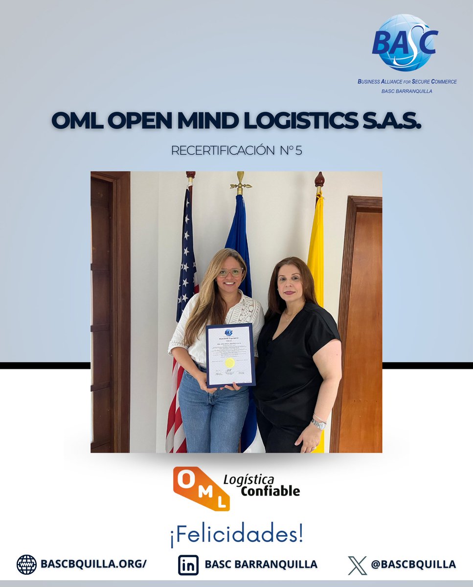 bascbquilla's tweet photo. Realizamos entrega de la certificación BASC de la empresa #OpenMindLogistics que obtuvo su recertificación N•5.
¡Felicitaciones! 🎉
🌎#ComercioSeguro #SomosBASC https://t.co/Ku2hjXfJ9O