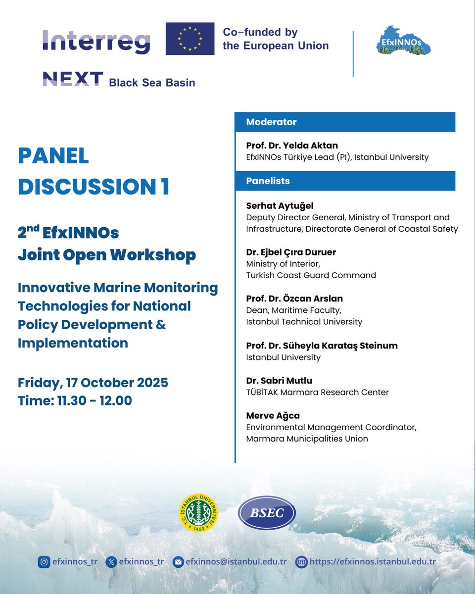 EfxINNOs 2. Ortak Çalıştayı Panel 1’de, ulusal politika geliştirme ve uygulama süreçlerinde ihtiyaç duyulan deniz ve kıyı izleme veri setleri ve bu verileri sağlayan yenilikçi teknolojiler değerlendirilecek. Kurumlar arası veri akışlarının nasıl hızlandırılabileceği ve risklerin