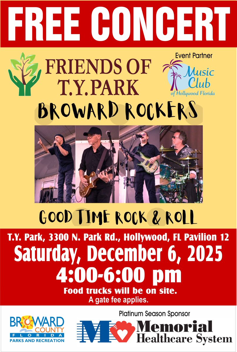 📅Get ready for some rock &amp; roll as the Broward Rockers take the stage at the next FREE concert hosted by the #FriendsofTYPark on Saturday, December 6 from 4-6PM! Gate fee of $3/vehicle applies.
