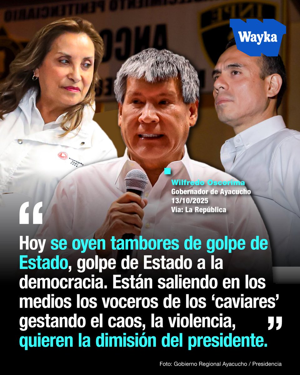 📌El "Wayki" Oscorima salta de Boluarte a Jerí. El gobernador regional de Ayacucho, Wilfredo Oscorima, dejó atrás los días en que defendía a Dina Boluarte para ahora alinearse con José Jerí.

"Los gobernadores respaldamos al presidente (Jerí). Se han convocado movilizaciones para