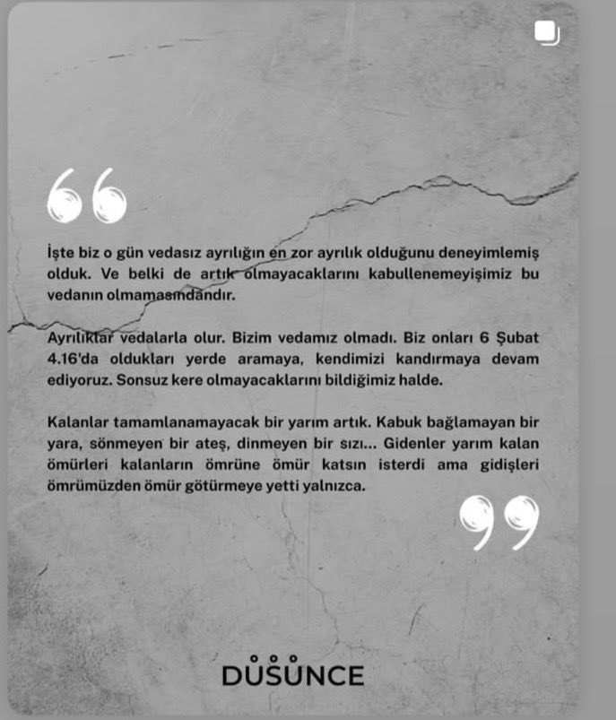 Bir acıyı en doğru, o acıyı yaşayanlar anlatabilir. Diğerleri sadece tahmin edebilir. 6 Şubat 2023 depremini depremi bizzat yaşayan Üzeyir Ergül’ün kaleminde okumak için. <a href="/ALDUS02/">ÜZEYİR ERGÜL</a>  <a href="/baytkfrat/">Fırat BAYTAK</a> <a href="/ddurgun68/">Doğan Durgun</a>