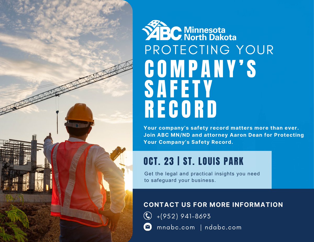Learn how to protect your company's safety record with ABC MN/ND and attorney Aaron Dean. Gain the legal and practical insights you need to safeguard your business on Oct. 23 in St. Louis Park. Register now!  #ABCMNND#ConstructionSafety #ABCMeritShopProud