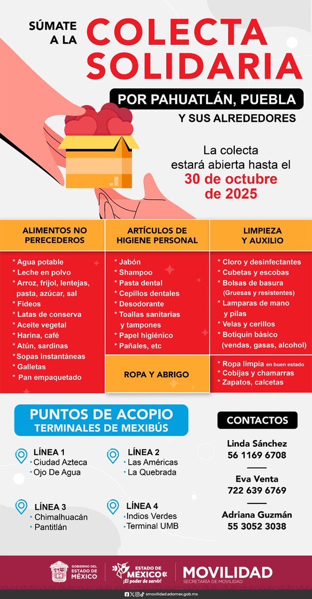 SEMOV_Edomex's tweet image. 🤝 ¡Tu ayuda puede hacer la diferencia!
Súmate a la Colecta Solidaria por Pahuatlán, Puebla y sus alrededores 🏞️
📅 Tienes hasta el 30 de octubre para donar.
📍Lleva tus aportaciones a las terminales del Mexibús.
#ElPoderDeServir #EdoméxSolidario