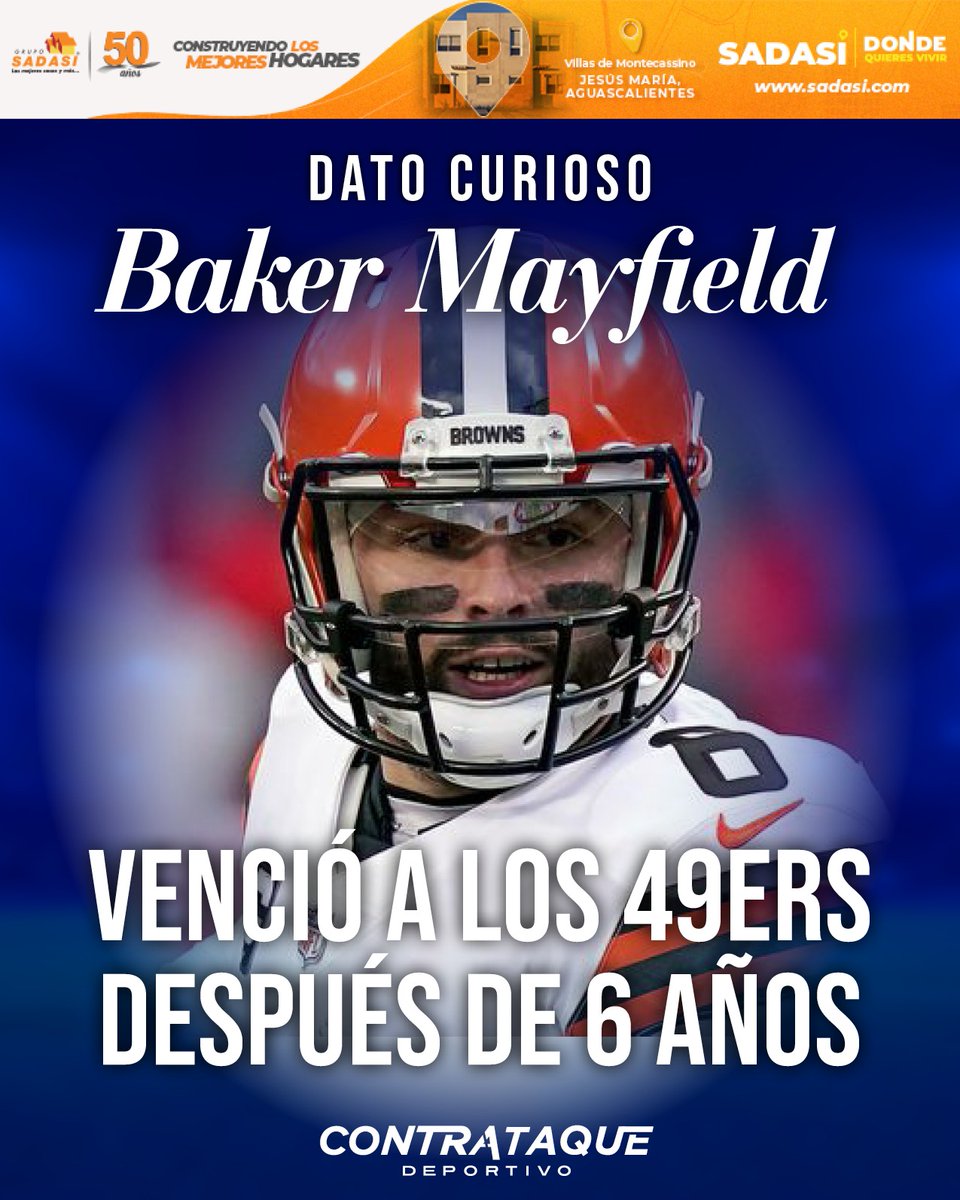 ContraAtaqueDep's tweet image. Mayfield rompe su sequía ante los 49ers🔥🔥

#Baker Mayfield volvió a vencer a los 49ers después de casi seis años sin hacerlo. La última vez que Mayfield les había ganado fue en 2019 con los Browns.

VISITA SADASI👇👇
sadasi.page/dondequierasvi…
#50AñosSADASI
#DondeQuieresVivir