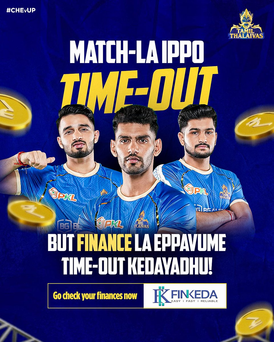 tamilthalaivas's tweet photo. Time-Out is for the players to recharge! You can recharge your finances with Finkeda anytime! 💪
#CHEvUP | #GiveItAllMachi | #IdhuNammaTeam | #TamilThalaivas | #ProKabaddi https://t.co/d9d6AhfsQs